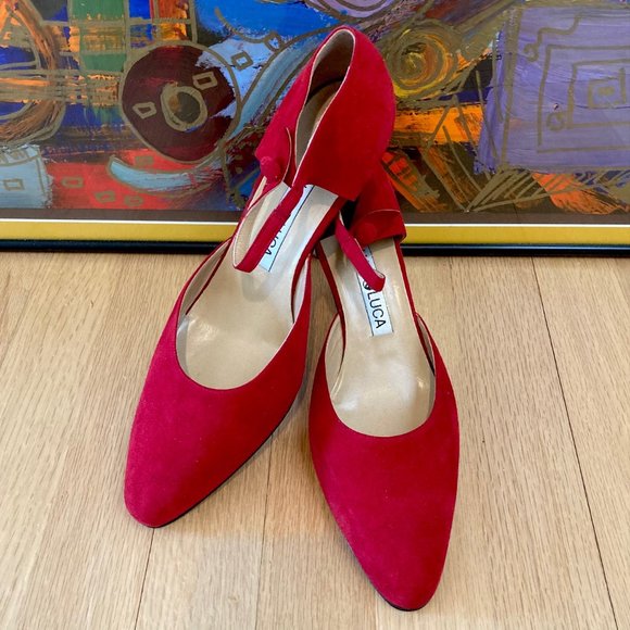 Luca Luca Classic Red Suede Mary Jane Spool Heel Pumps EU38.5 Button Strap Italy - Picture 2 of 16